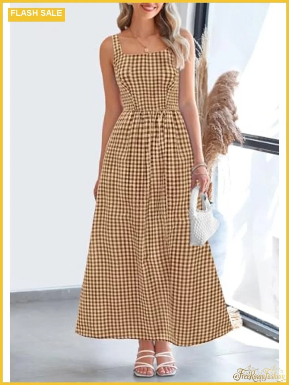 Gingham Maxi Dress Sleeveless A-Line Smocked Beach Casual